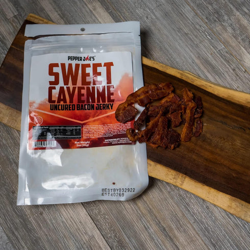 2 Pepper Joes Sweet Cayenne Bacon Jerky Dangerously Delicious Uncured Sweet and Spicy Bacon Jerky with Real Cayenne