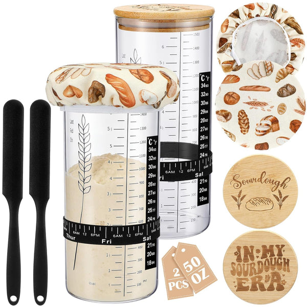 Teecyhooo 2 Set 50 oz Large Sourdough Starter Jar Kit, Wide Mouth Fermentation