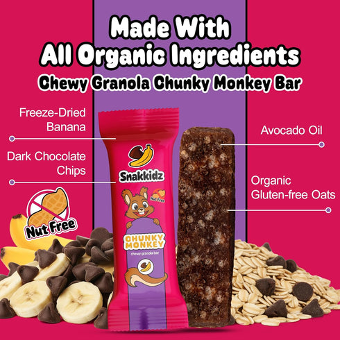 Pack 15, Snakkidz Organic Chewy Granola Bars for Kids, Allergen-Free, Nut-Free, Gluten-Free, Low Sugar Snack Bars Made