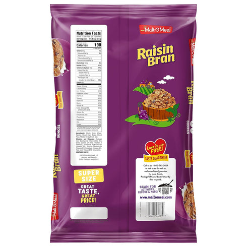 39 OZ Malt-O-Meal Raisin Bran Cereal, Wheat Flakes and Raisins Breakfast Cereal, Large Size for Family, Resealable Bag