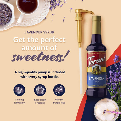 25.4 Oz Torani Coffee Syrup, Lavender Flavored Syrup for Drinks, Pump Included, Fl