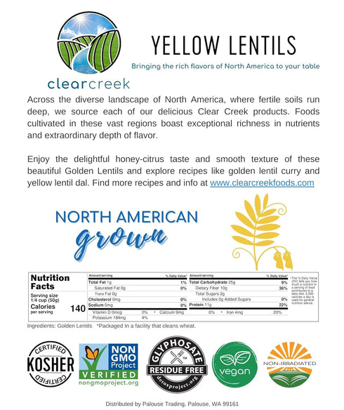 4 lb CLEAR CREEK Certified Glyphosate Residue Free Yellow Lentils | | Project Non-GMO Verified | Kosher | Vegan