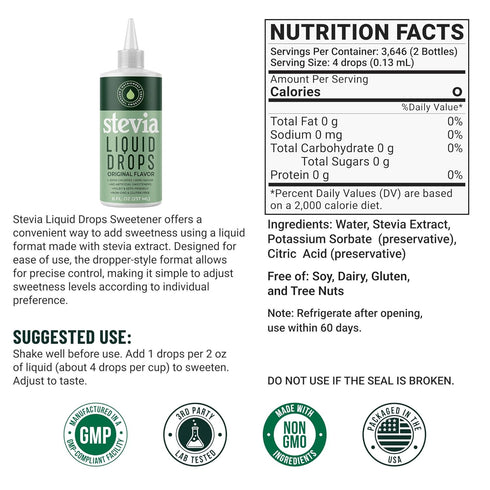 8oz 2pack, 3,646 Natrisweet Liquid Stevia Drops, Pure Sweetener from Stevia Extract, Plant-Based Sugar Substitute, Zero