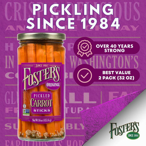 16oz, 2 Pack, 40 Foster's Pickled Carrots in a Jar, Original, Traditional Pickled Carrot Sticks Recipe for over years