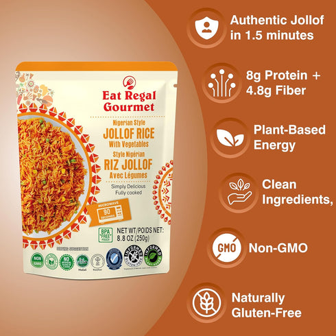 1.5 8g 8.8 oz Pack 6 Eat Regal Nigerian Style Jollof Rice with Vegetables, Bold Tomato Flavor, Always Fluffy, No Clump