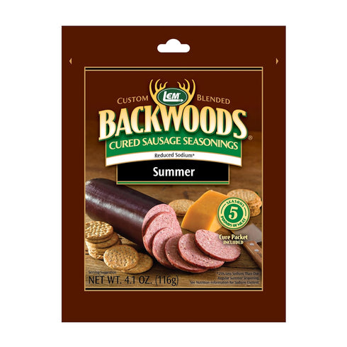 LEM Products Backwoods Reduced Sodium Summer Sausage Cured Sausage Seasoning, 4.1 Ounce Packet, Seasons Up to 5 Pounds