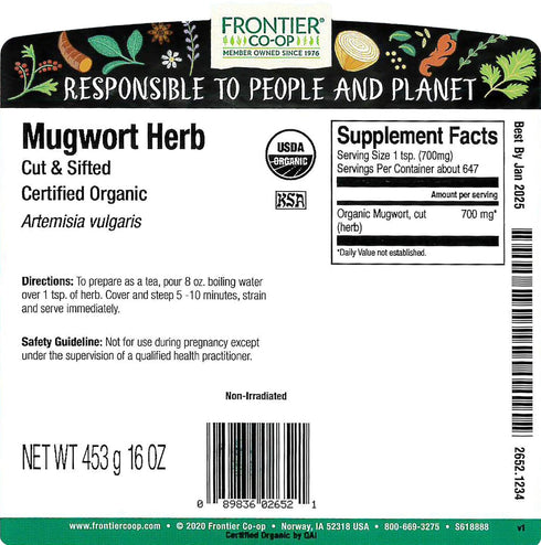 16 (Pack 1) Frontier Co-op Mugwort Herb, Cut and Sifted, Certified Organic, Kosher, Bulk Bag, Artemisia vulgaris L. |
