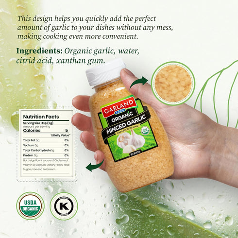9.5 oz Garland Food Squeezable Organic Minced Garlic Made in the USA - Fresh Flavor, Convenience, and Nutritional Power