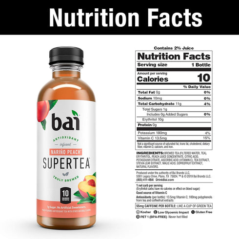 18 12 count Bai Iced Tea, Narino Peach, Antioxidant Infused Supertea, Crafted with Real Tea (Black Tea, White Tea)