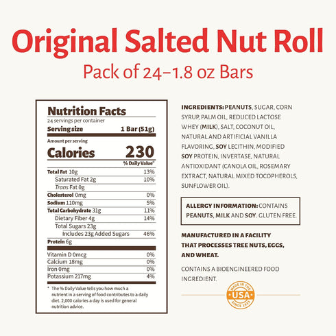 24 Pearson's Original Salted Nut Roll | Peanut, Caramel, Nougat Candy | Full- Size Candy Bars |Bulk, Individually
