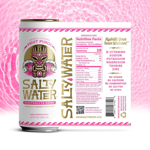 10 12 Pack (12 oz) SaltyWater Electrolyte Drink, Fruit Punch Zero Sugar Premium Hydration Drink, Calories, Minerals