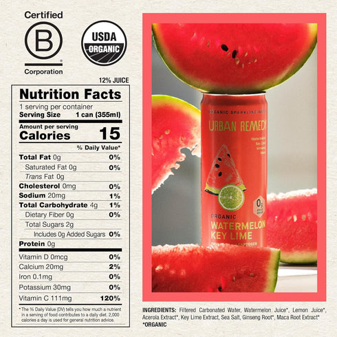 12 oz Urban Remedy Organic Sparkling Water Watermelon Key Lime with Maca & Ginseng, Vitamin C Boost, Low Calorie