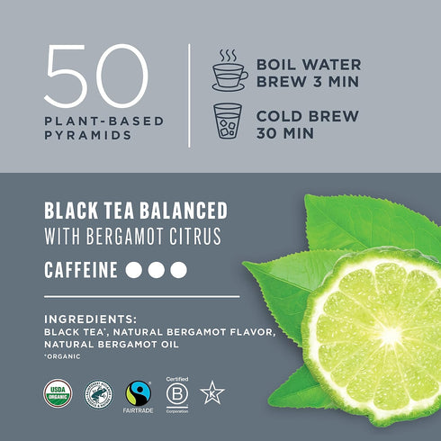 Teatulia Organic Earl Grey Tea Bags, 50 Pyramid Sachets, 100% Compostable Black Tea with Bergamot