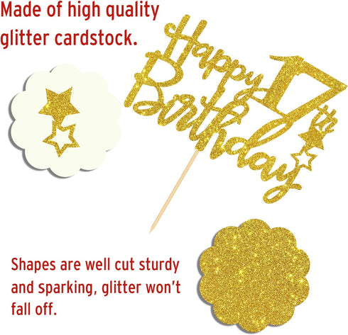 Gold Glitter Happy 17th Birthday Cake Topper - 17 Cake Topper for 17th Birthday Party Decorations
