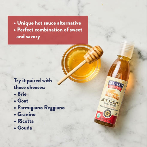 100% 7.7 oz (4 Pack) DeLallo Hot Honey, Made with Organic Acacia Honey and Red Pepper, Sweet and Spicy Gourmet