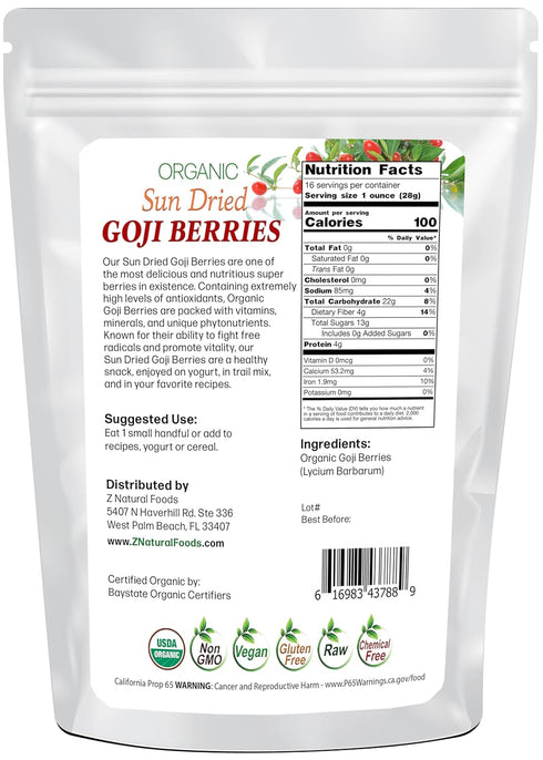 1 lb Organic Goji Berries - Premium Quality - Raw Sun Dried - Perfect Berry For Snacks, Smoothies, Cereal, Yogurt