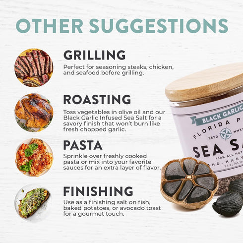 80+ (2.3 oz FLORIDA PURE Black Garlic Sea Salt - Mineral Sea Salt, Natural, Unrefined, Non Iodized - for Baking