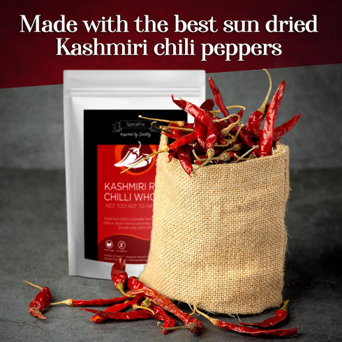 SpiceFix Whole Kashmiri Red Chilli Pepper, Mild to Medium Heat, Sun-Dried Red Pepper, 2.6 Ounces