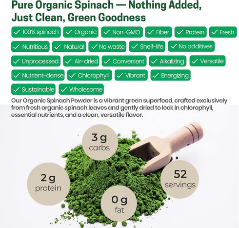 100% Immune 1 lb Z Natural Foods Organic Spinach Powder - Pure & Nutrient-Dense Dried Raw Spinach Leaves for & Energy