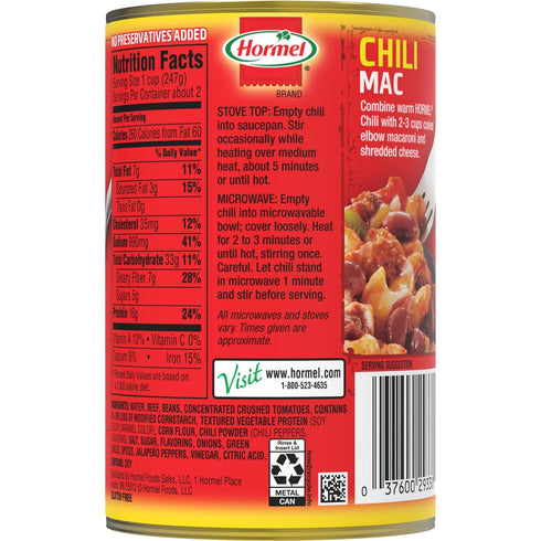 15 Oz HORMEL Chili Chunky Beef Chili with Beans, No Artificial Ingredients