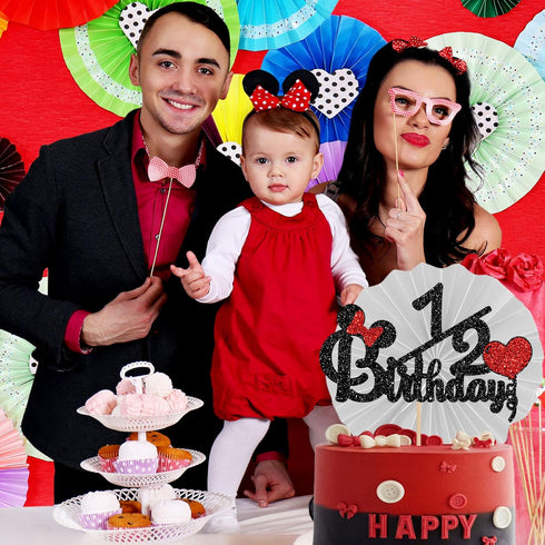Happy 1/2 Birthday Cake Topper - Black and Red Glitter Mouse Theme Baby Shower Sign for 6 Months Birthday Party