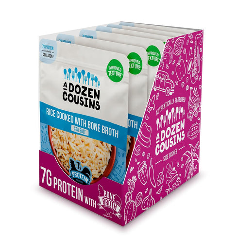 Dozen 6pk, 8oz Packets A Cousins Sea Salt Bone Broth Rice Ready to Eat Seasoned High Protein Rice, Clean Ingredients
