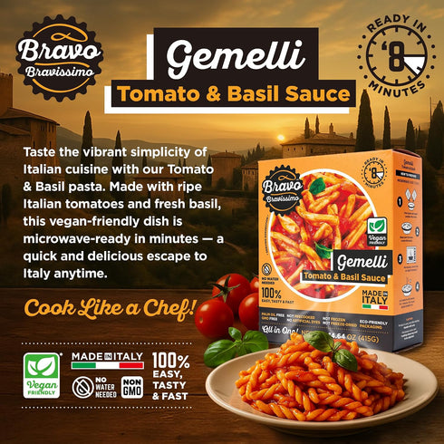 14.64 oz, 6 Pack Bravo Bravissimo Gemelli Italian Pasta Meal - Gourmet, Vegan-Friendly, Tomato & Basil Sauce Flavor
