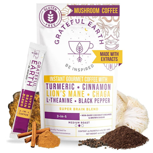 Grateful Earth Mushroom Coffee, Coconut Instant Coffee with Lions Mane Mushrooms, Chaga,
