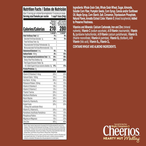 20 oz Cheerios Hearty Nut Medley Breakfast Cereal, Maple Cinnamon, Made with Whole Grain, Family Size