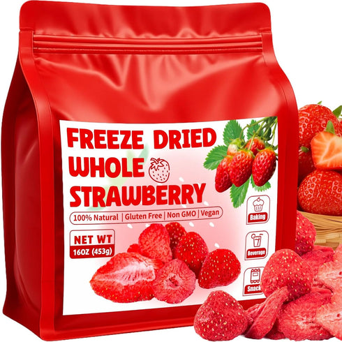 Nahasahr 16oz Freeze Dried Whole Strawberries - Lightly Sweetened, Crunchy Fruit for Yogurt,