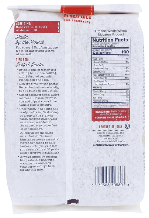 91, 16 (Pack 8) Delallo Organic Whole Wheat Shells Pasta, No. Kosher, Non GMO, Ounces