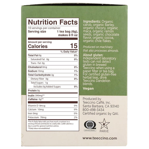 10 Teeccino Maca Chocolat Herbal Tea - Rich & Roasted Herbal Tea Thats Caffeine Free & Prebiotic with Natural Energy