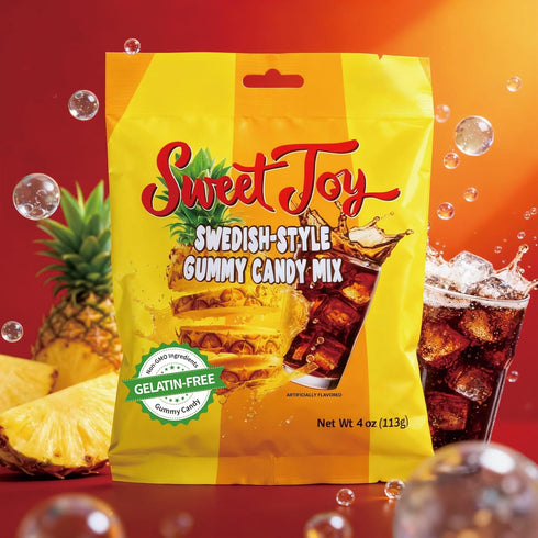SweetJoy Gummy 16oz (4 4oz), Pack Swedish-Style Candy Mix, Non-GMO, Gelatin-Free, and Pineapple, Cola, Soda Flavored