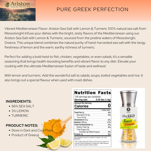 6.7 oz (190 Ariston The Very Best Refillable Gourmet Greek Sea Salt Grinder g) Product of Greece Sea Salt with Lemon