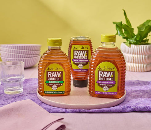 16 (Pack 1) Aunt Sues Raw & Unfiltered Organic Honey, Light Amber, USDA Organic, Ounce
