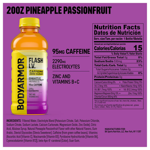 20 Oz (Pack 12) BODYARMOR Flash I.V. Zero Sugar + Caffeine, Pineapple Passionfruit Electrolyte Beverage, Hydration