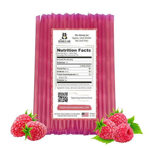 The Honey Jar Raspberry Flavored Honey Sticks - Pure Honey Straws for Tea, Coffee, or Healthy Treat - 20 Count