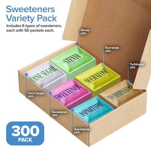 Pack, 300 Count (50 Packets Sweetener Variety Each) Sugar, Raw Turbinado, Saccharin, Stevia, Aspartame & Sucralose