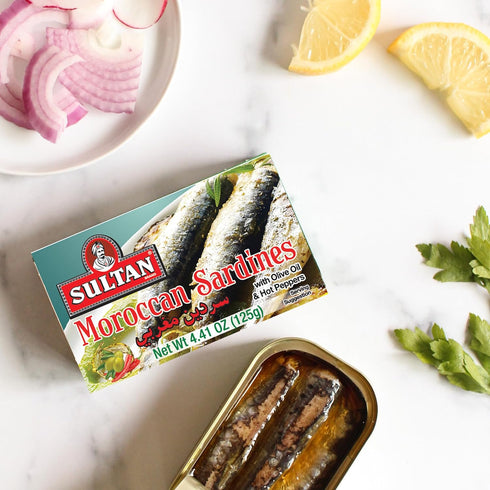 100% 4.37oz Sultan Moroccan Season Sardines in Olive Oil, All-Natural, High Protein, No Additives, No Preservatives