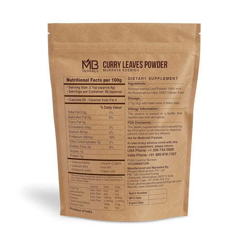MB Herbals Curry Leaf Powder, 227 Gram | 8 oz | Promotes Hair Growth and Volume