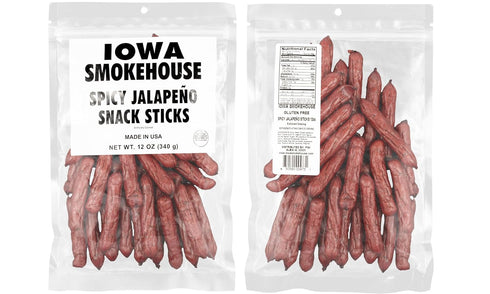 12 oz IOWA SMOKEHOUSE Snack Sticks, Spicy Jalapeno - Smokey Snack Stick - Gluten Free - Resealable Bag & Ready to Eat