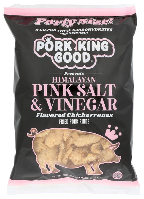 Pork King Good Himalayan Pink Salt & Vinegar Pork Rinds, 7 OZ FAMILY SIZE, Chicharrones - Keto Snacks