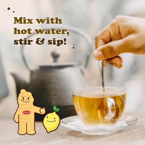 Pocas 4-Pack, 20 Packets Honey Ginger Instant Tea Powder, Lemon Flavor Ginger Extract & Real Honey, Caffeine-Free Tea