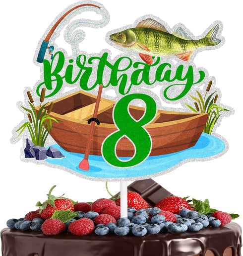 LIANGSS Adorable Fishing Boat 8th Birthday Cake Topper Boys Girls Bass Fish Decorations,