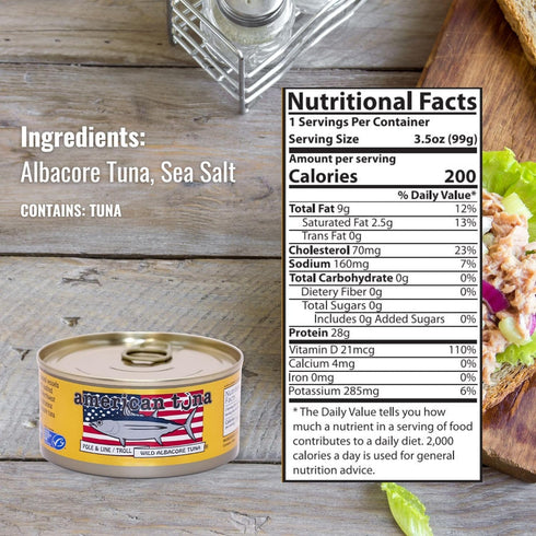 Albacore (6) 3.5 oz Omega-3s Hand-Packed Genuine American Tuna - Premium Wild Pacific Tuna Fillets - with Sea Salt |
