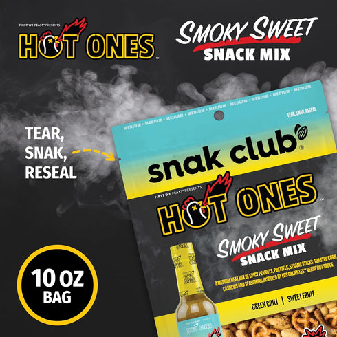 10 oz Snak Club x Hot Ones Snack Mix, Smoky Sweet, Spicy Snacks with Peanuts, Pretzels, Sesame Sticks, Toasted Corn