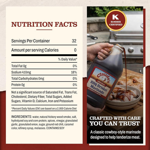 (Pack 1, 64 oz) Claude's Original BBQ Brisket Marinade Sauce of Smoky Texas Barbecue Sauce Tenderizing, Gluten Free