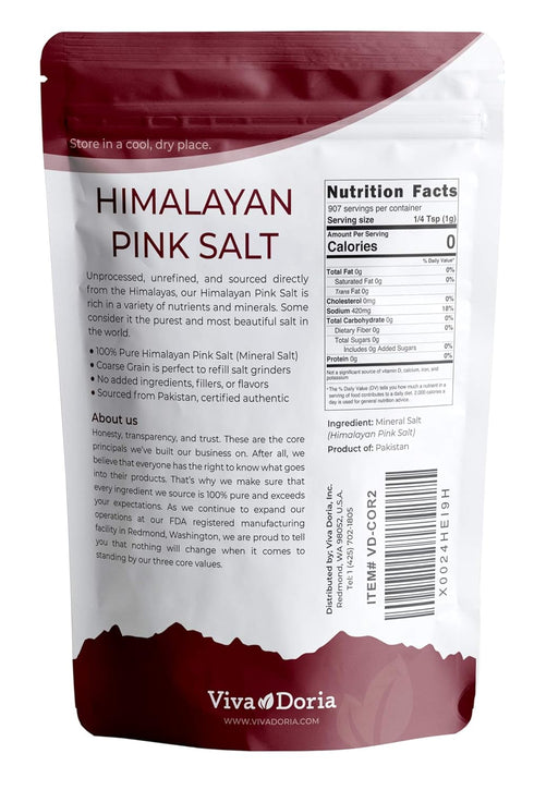 2 lb (907 Viva Doria Himalayan Pink Salt, Coarse Grain, Certified Authentic, g) For Grinder Refills
