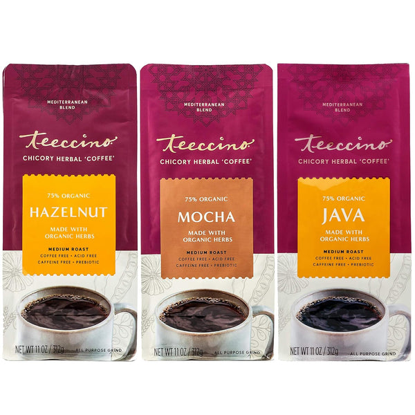 Teeccino Herbal Coffee Variety Pack - Hazelnut, Mocha and Java - Ground