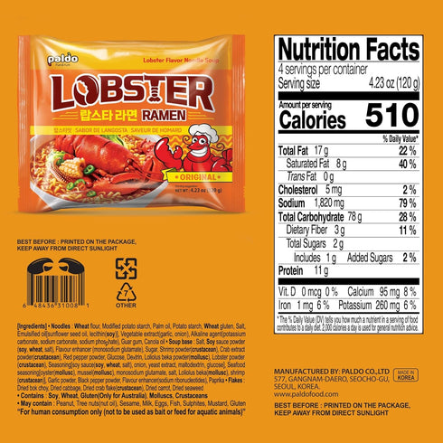 Pack 4, (120g 4) Paldo Fun & Yum Lobster Flavored Noodle Soup Original of Seafood Broth, Oriental Style Korean Ramyun
